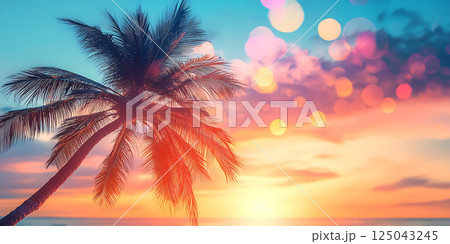 Palm Tree with Glowing Golden Bokeh Effect	 125043245