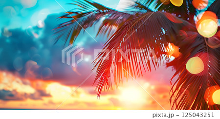 Palm Tree with Glowing Golden Bokeh Effect	 125043251