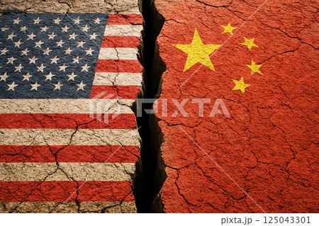 Cracked Ground with USA and China Flags Symbolizing Political and Economic Tensions in Bilateral Relations and Geopolitical Conflict 125043301