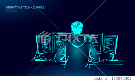 Developer works computers. Back view programmer coding. IT business software development. Black lines drawing white vector illustration 125043302