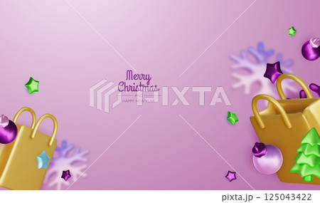 Christmas holiday background. Christmas greeting banner with snowflakes and gift boxes ornaments and 3d decoration elements. For holiday headers, banners, party posters Christmas holiday background. Christmas greeting banner with snowflakes and gift boxes ornaments and 3d decoration elements. For holiday headers, banners, party posters 125043422