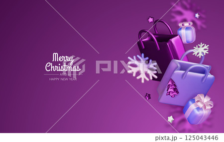 Christmas and New Year Sale. Bright realistic 3d holiday object design, shopping bag, gift box. Promo sale, advertising banner, web poster. vector illustration Christmas and New Year Sale. Bright realistic 3d holiday object design, shopping bag, gift box. Promo sale, advertising banner, web poster. vector illustration 125043446
