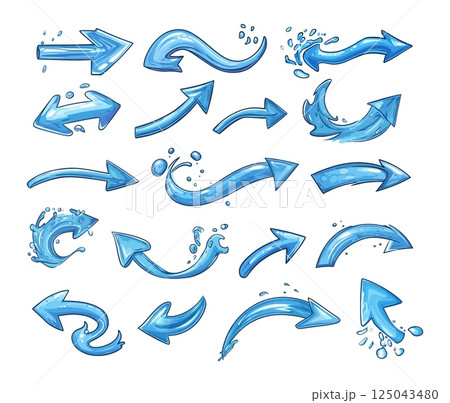 Cartoon water arrows. Aqua liquid stream pointers direction cursors with splashes blobs and flow smears, isolated vector illustrations Cartoon water arrows. Aqua liquid stream pointers direction cursors with splashes blobs and flow smears, isolated vector illustrations 125043480