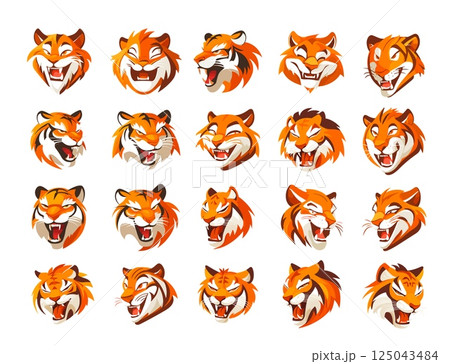 Cartoon tiger heads. Wild big stripes feline with open mouth and fangs, cat king predator avatars, tigris powerful fierce animal, isolated vector illustrations 125043484