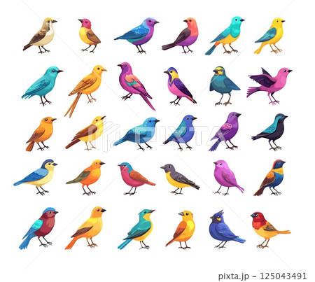 Cartoon small birds. Starling sparrow swallow tit soaring animals with feathers wings beaks tails flying forest wildlife, isolated illustrations 125043491
