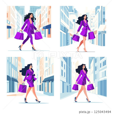 Cartoon shopping fashionable cityscape girl. Young urban woman dressed in modern costume with packets walking on street, satisfied customer buyer female person, isolated vector scenes 125043494