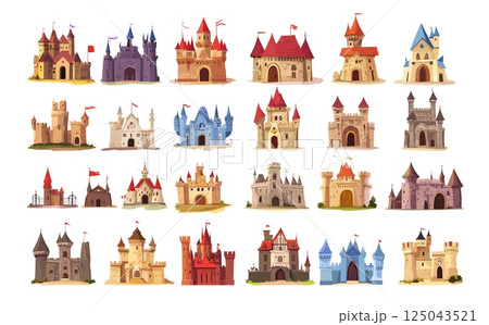 Cartoon fortress castles. Medieval stone towers with walls gates arches and flags, protective defence king or knight duke palaces bastions buildings, isolated vector illustrations 125043521