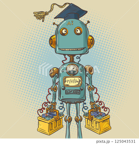 Vintage robot learning. AI with a student hat. Education collides with artificial intelligence. 125043531