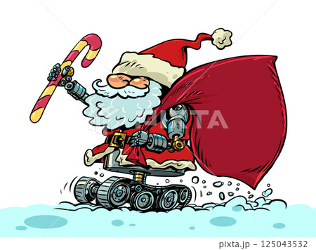Santa Claus delivers gifts for the holiday. Christmas and New Year purchase a gift for loved ones. Cyber Santa Claus on mechanical wheels. 125043532
