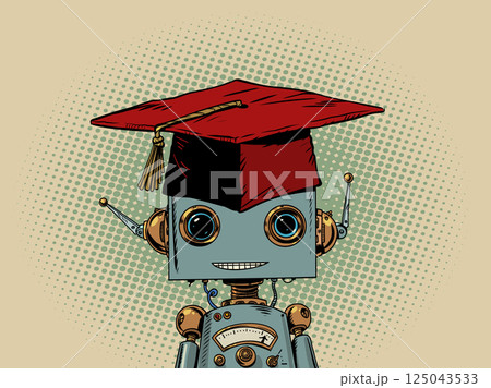 Teaching AI knowledge. Robot in a student's hat, professor's hat. Red diploma and competition with artificial intelligence. 125043533