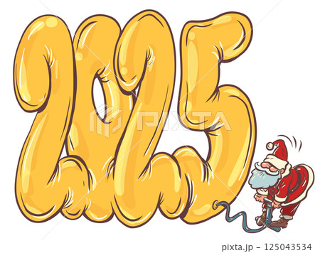 Santa Claus blows away 2025. The outgoing 2025 from balloons. Change of seasons and year. 125043534