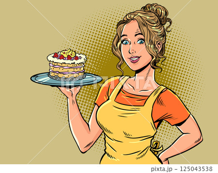 Promotion advertising of a coffee shop with desserts. A woman with a plate with a cake. Promotion for desserts in a restaurant. 125043538