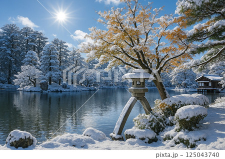 兼六園　徽軫灯籠と霞ケ池に映える景観　雪景色 125043740