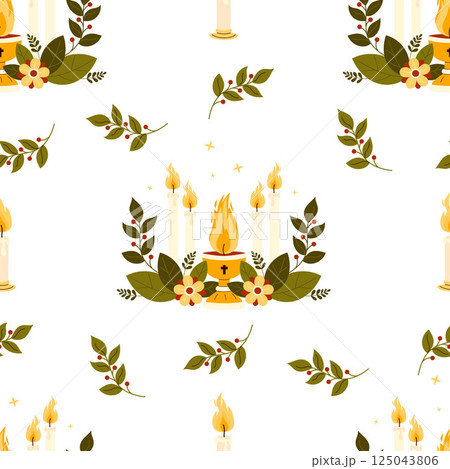 Religion Seamless Pattern. Sacred Flame. Church Chalice with Fire, burning Candles with Flowers on White Background with leaves. Vector Illustration. Catholics or Christians Religious Culture template 125043806