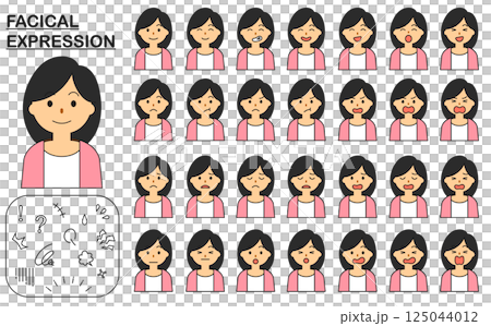 Set of black-haired woman's faces and expressions Set of black-haired woman's faces and expressions 125044012