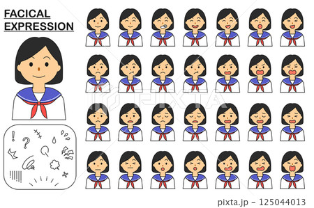 制服（セーラー服）を着た女子学生（高校生、中学生）の顔、表情のセット 125044013