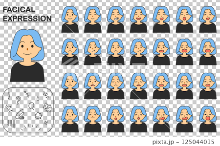 Set of blue-haired woman's faces and expressions Set of blue-haired woman's faces and expressions 125044015