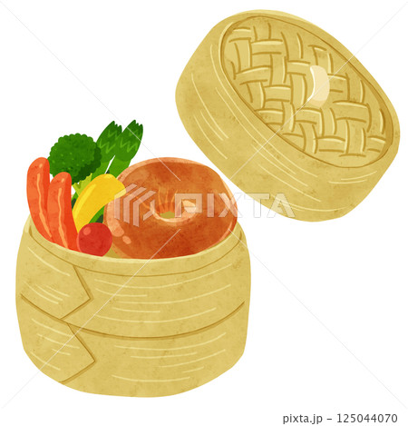 せいろに入ったベーグルと野菜　蓋つき　水彩風手描きイラスト 125044070