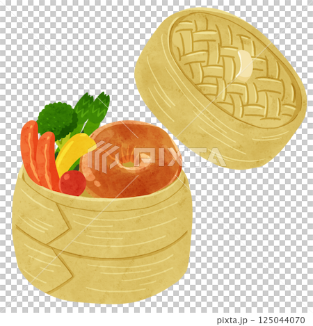 Bagels and vegetables in a bamboo steamer with a lid - watercolor hand-drawn illustration 125044070