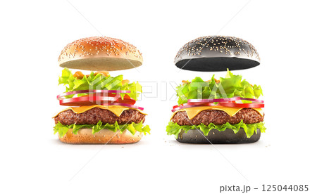 Beef hamburger with cheese and vegetables mockup ingredients, front view Beef hamburger with cheese and vegetables mockup ingredients, front view 125044085