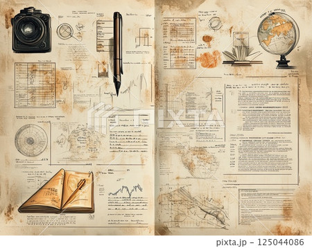 Detailed depiction of a geographical journal from the early 20th century, featuring maps, graphs, and handwritten notes that document exploration activities and findings. Detailed depiction of a geographical journal from the early 20th century, featuring maps, graphs, and handwritten notes that document exploration activities and findings. 125044086