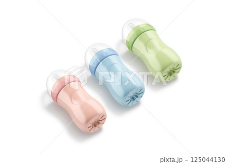 Blank colored plastic baby bottle mockup lying, side view Blank colored plastic baby bottle mockup lying, side view 125044130