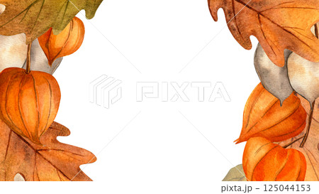 Oak leaves, butterfly, physalis, lunaria autumn panoramic frame. Seasonal bright watercolor isolated composition on white background. Invitation, postcard, card, sign, banner. Thanksgiving, fall event Oak leaves, butterfly, physalis, lunaria autumn panoramic frame. Seasonal bright watercolor isolated composition on white background. Invitation, postcard, card, sign, banner. Thanksgiving, fall event 125044153