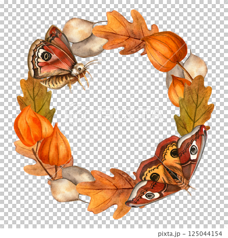 Butterflies and autumn leaves, physalis, lunaria wreath. Isolated watercolor circle frame with white background. Ideal for seasonal fall decor, cover, greeting card, invitation, garden decoration Butterflies and autumn leaves, physalis, lunaria wreath. Isolated watercolor circle frame with white background. Ideal for seasonal fall decor, cover, greeting card, invitation, garden decoration 125044154