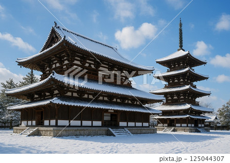 法隆寺　五重塔　金堂　雪景色 125044307