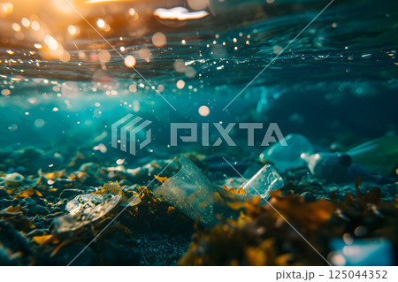 Plastic pollution in the ocean, garbage floating under water illuminated with sunlight. 125044352