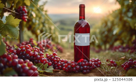 A red wine bottle in front of a landscape of grape farmland. 125044386