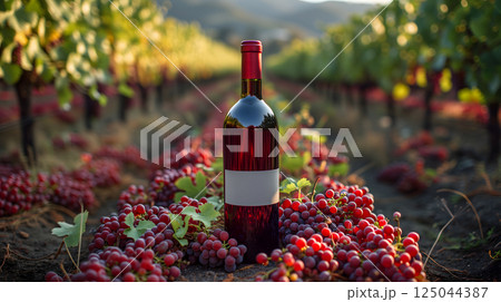 A red wine bottle in front of a landscape of grape farmland. 125044387