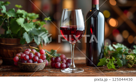 Glass with red wine and wine bottle on the right over a wooden table in the pub background with copy space. 125044430