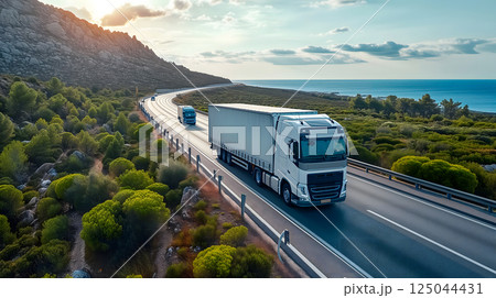 white European semitruck is seen from the sky on a highway backed by vegetation white European semitruck is seen from the sky on a highway backed by vegetation 125044431