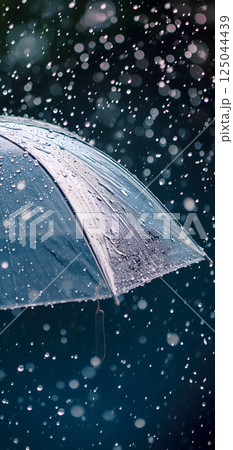 Close up, transparent umbrella under rainfall against a background of water droplets splashing. Concept of rainy weather. 125044439