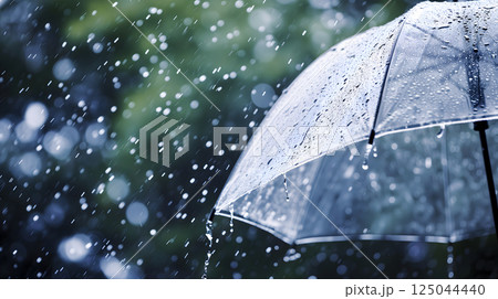 Close up, transparent umbrella under rainfall against a background of water droplets splashing. Concept of rainy weather. 125044440