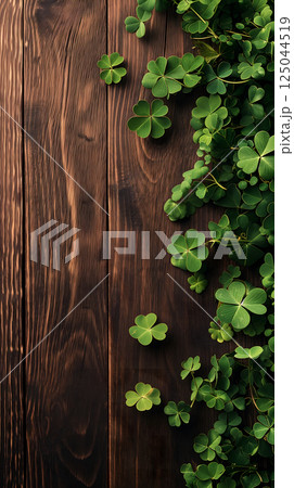 brown wooden planks board with clover - background for St. Patricks day 125044519
