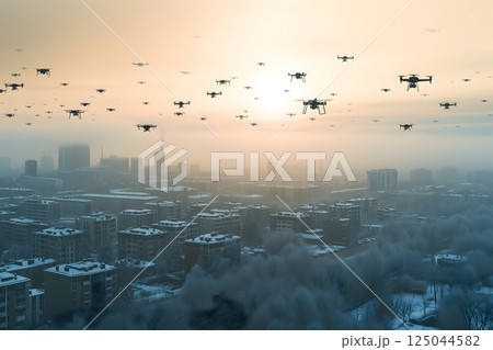 group of drones over city at summer morning 125044582