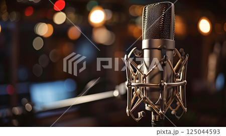 A condenser studio microphone with a shock mount in a music studio, representing the musical concept with asymmetrical composition and copy space 125044593