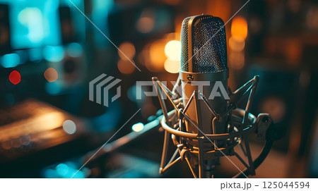 A condenser studio microphone with a shock mount in a music studio, representing the musical concept with asymmetrical composition and copy space 125044594