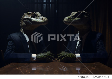 two reptile men in business suits sitting at the table in dark room, secret world government concept 125044603