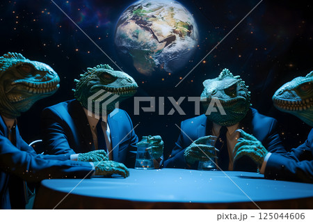 four reptile men in business suits sitting at the table in dark room, secret world government concept four reptile men in business suits sitting at the table in dark room, secret world government concept 125044606