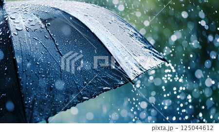 Close up, black umbrella under rainfall against a background of water droplets splashing. Concept of rainy weather. 125044612