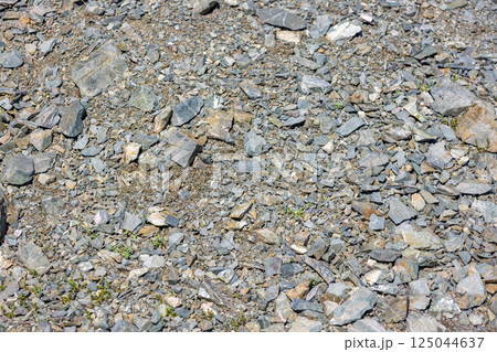 Pile of various gray and brown natural rocks and stones under bright sunlight 125044637