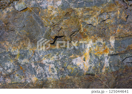 Fractured metamorphic rock texture with mineral staining, natural texture, outdoor, daylight 125044641