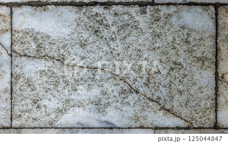Worn Grey and White Mottled Marble Floor Tile With Crack Worn Grey and White Mottled Marble Floor Tile With Crack 125044847