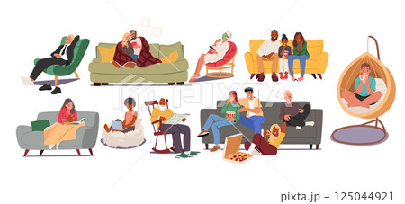 Happy people reading, relaxing, talking, watching movie, surfing on internet on sofa and chairs 125044921