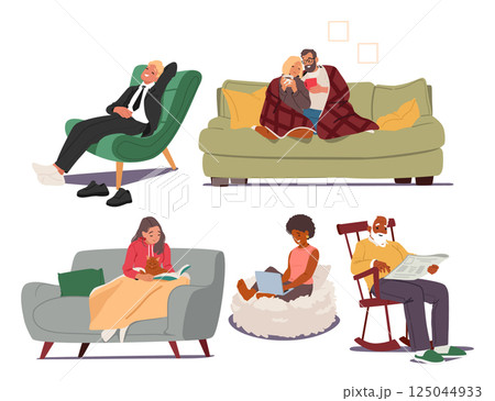 Business man and woman, loving couple, pensioner, teenager girl cartoon characters on sofa or couch 125044933