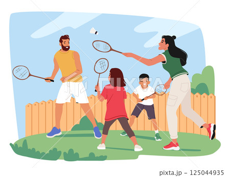Happy parents and children playing badminton on backyard outdoors enjoying active time together 125044935