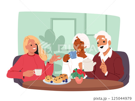 Social worker providing nice conversation with elderly couple offering support cartoon scene Social worker providing nice conversation with elderly couple offering support cartoon scene 125044979